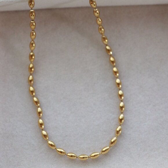 Rice Beads Style Chain Necklace Gold Plated Stainless Steel High Quality - Picture 2 of 4